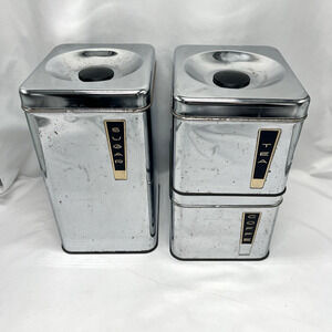 Vintage Lincoln BeautyWare Chrome Canister Set of 3 Sugar Coffee Tea 1950s MCM